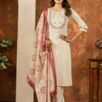 Off White Straight Kurti Pant With Printed Dupatta Set