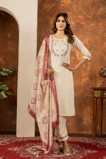 Off White Straight Kurti Pant With Printed Dupatta Set