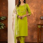 Parrot Green Straight Kurti Pant With Printed Dupatta Set