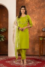 Parrot Green Straight Kurti Pant With Printed Dupatta Set