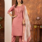Peach Straight Kurti Pant With Printed Dupatta Set