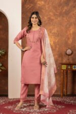 Peach Straight Kurti Pant With Printed Dupatta Set