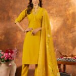 Women's Mustard Roman Silk Floral Kurta Set
