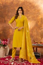 Women's Mustard Roman Silk Floral Kurta Set