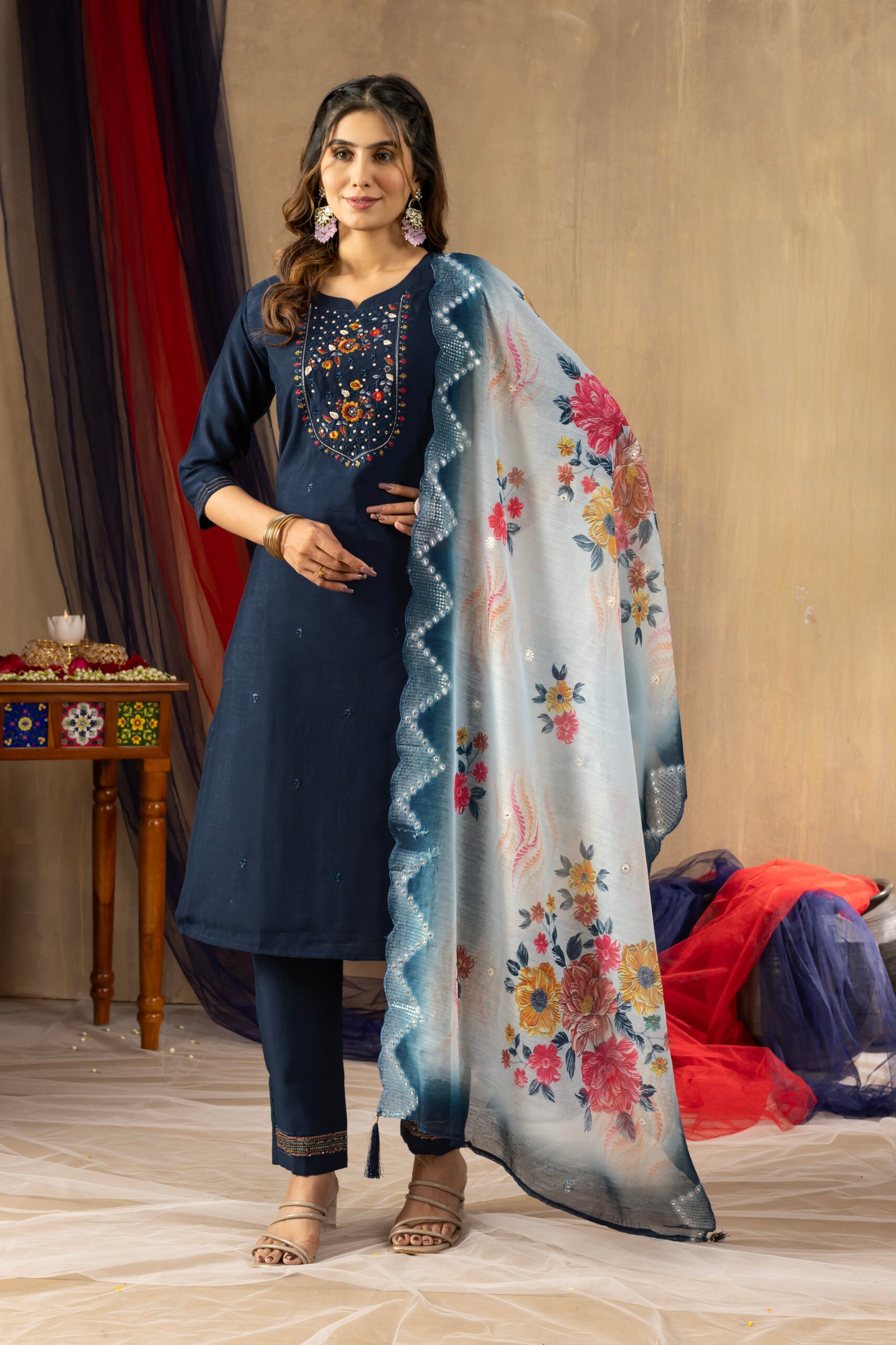 blue mango silk floral kurta set