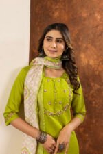Parrot Green Straight Kurti Pant With Printed Dupatta Set - Image 2