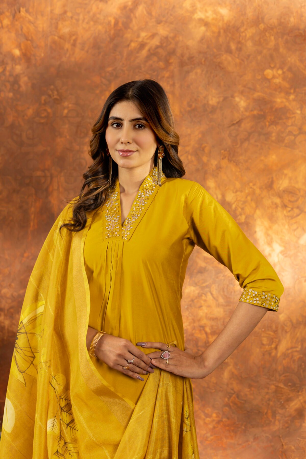 Women's Mustard Roman Silk Floral Kurta Set - Image 2