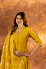 Women's Mustard Roman Silk Floral Kurta Set - Image 2