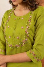 Parrot Green Straight Kurti Pant With Printed Dupatta Set - Image 3