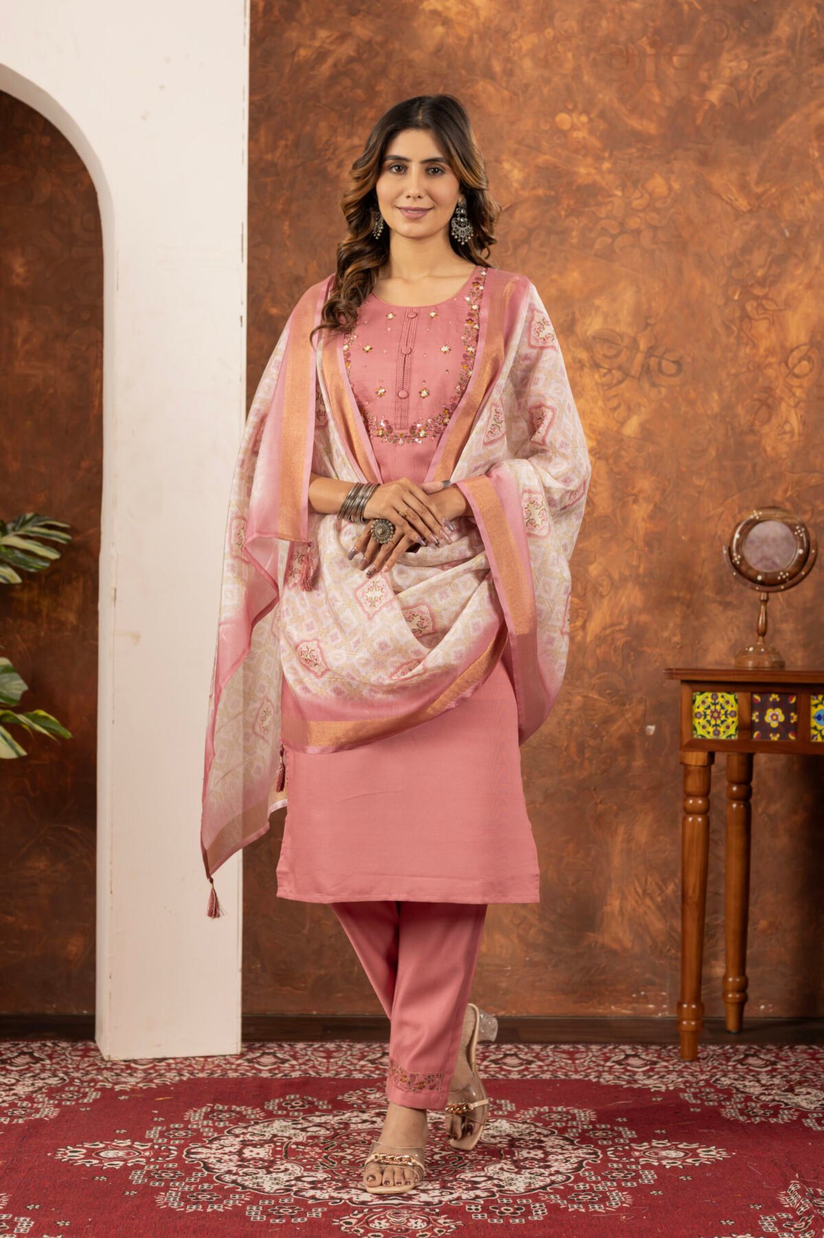 Peach Straight Kurti Pant With Printed Dupatta Set - Image 3
