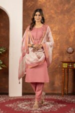 Peach Straight Kurti Pant With Printed Dupatta Set - Image 3