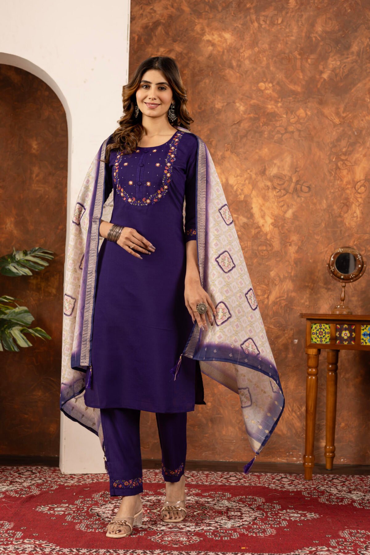 Purple Straight Kurti Pant With Printed Dupatta Set - Image 3