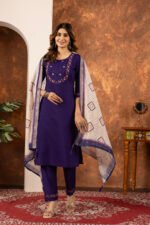 Purple Straight Kurti Pant With Printed Dupatta Set - Image 3