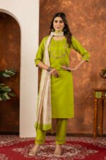 Parrot Green Straight Kurti Pant With Printed Dupatta Set - Image 4