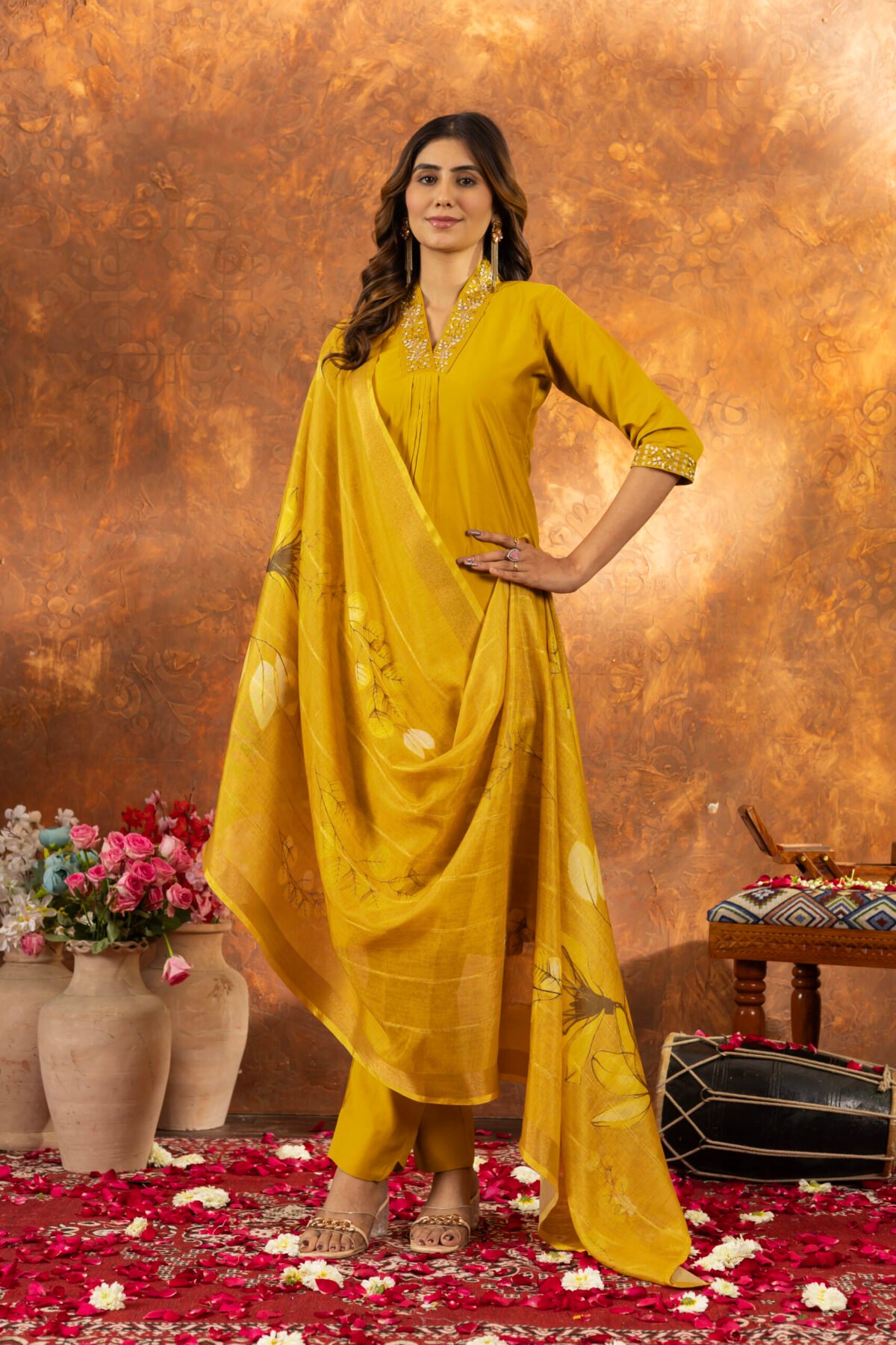 Women's Mustard Roman Silk Floral Kurta Set - Image 4