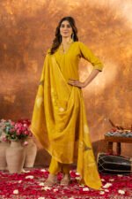 Women's Mustard Roman Silk Floral Kurta Set - Image 4