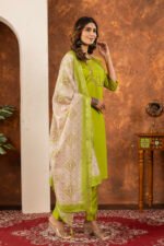 Parrot Green Straight Kurti Pant With Printed Dupatta Set - Image 5
