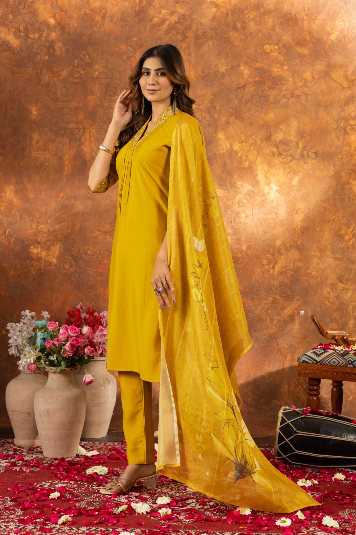 Women's Mustard Roman Silk Floral Kurta Set - Image 5