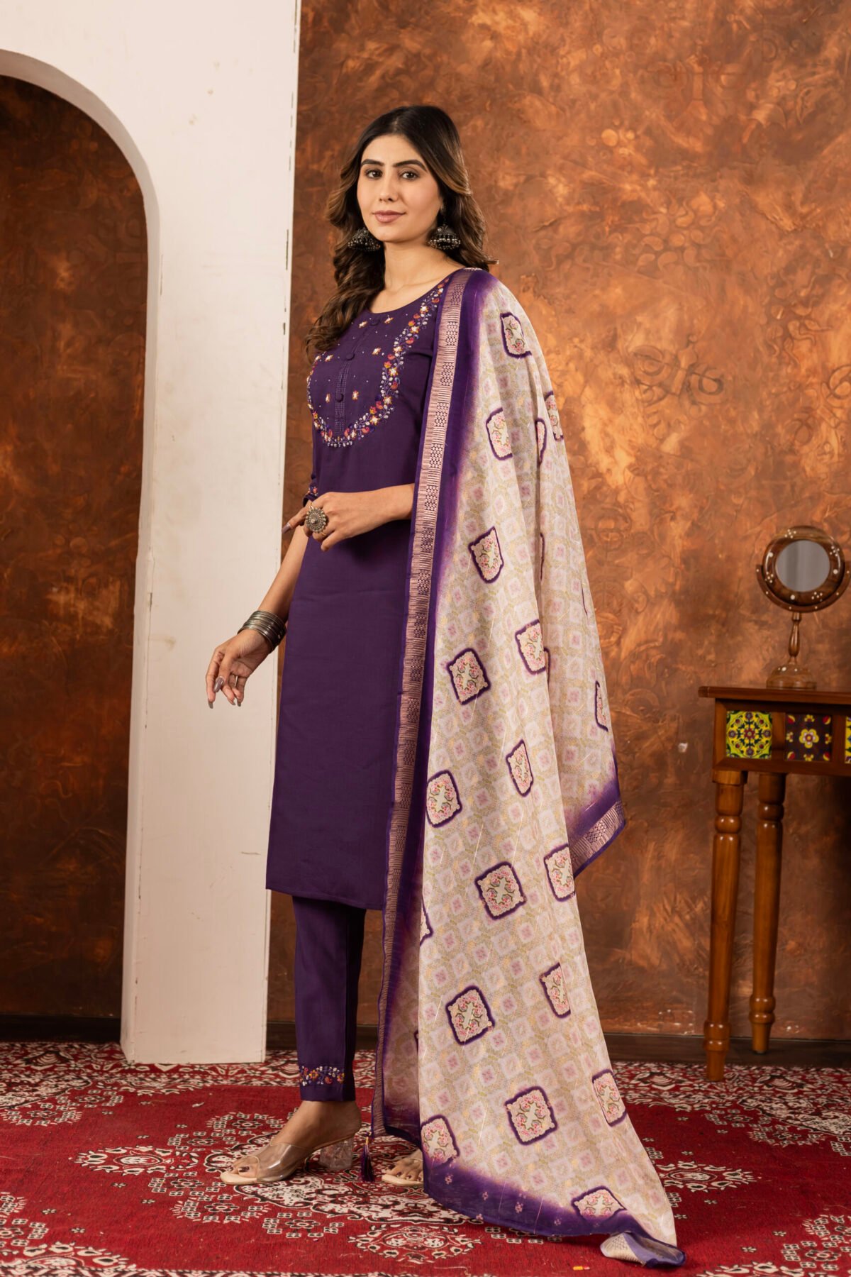 Wine Straight Kurti Pant With Printed Dupatta Set - Image 2