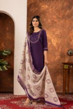Wine Straight Kurti Pant With Printed Dupatta Set - Image 4