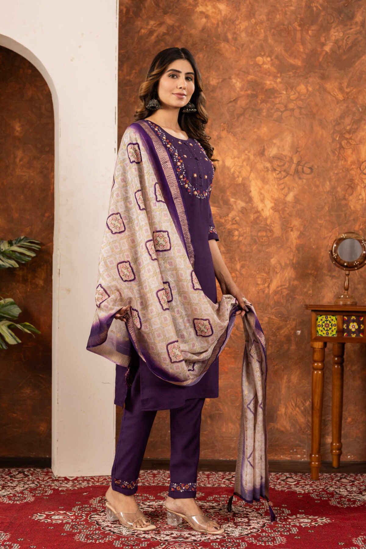 Wine Straight Kurti Pant With Printed Dupatta Set - Image 5