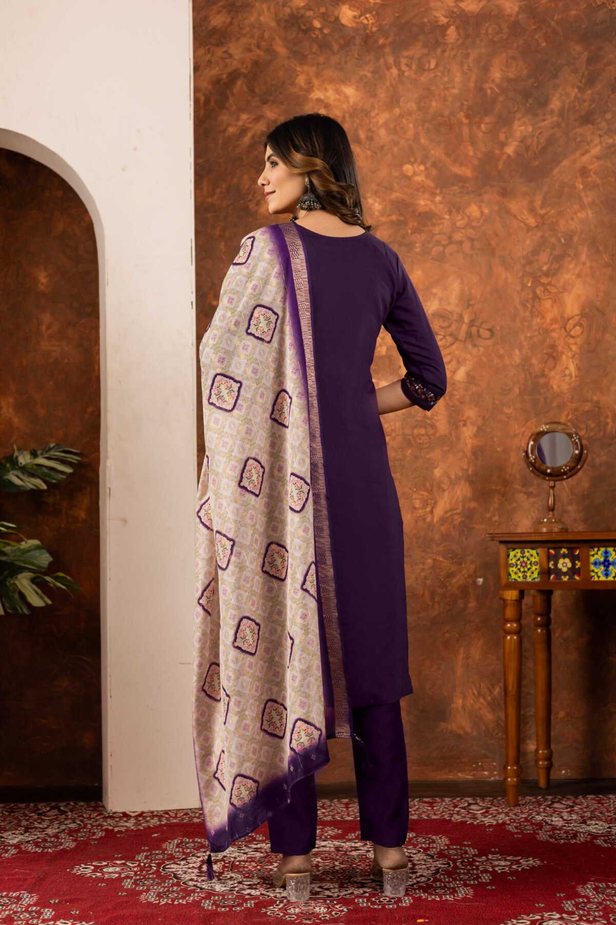 Wine Straight Kurti Pant With Printed Dupatta Set - Image 3
