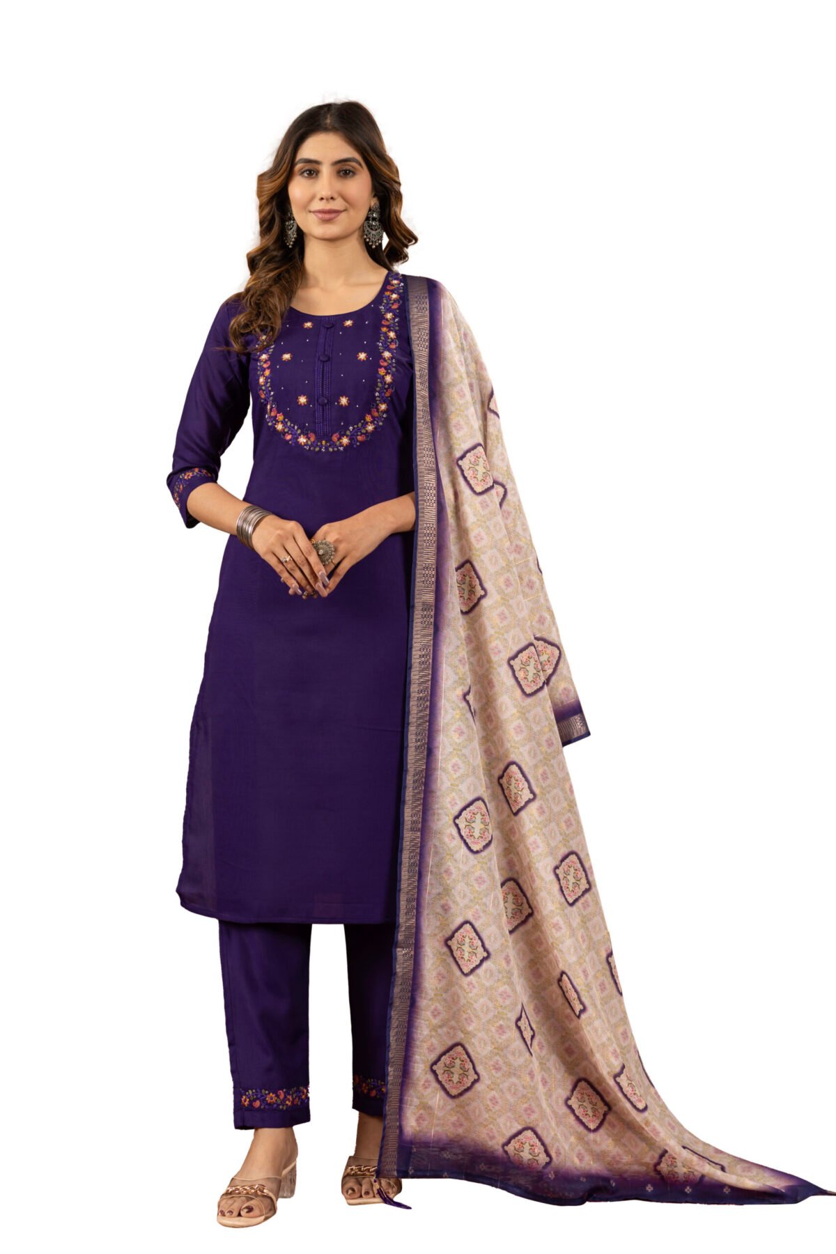 Purple Straight Kurti Pant With Printed Dupatta Set - Image 6