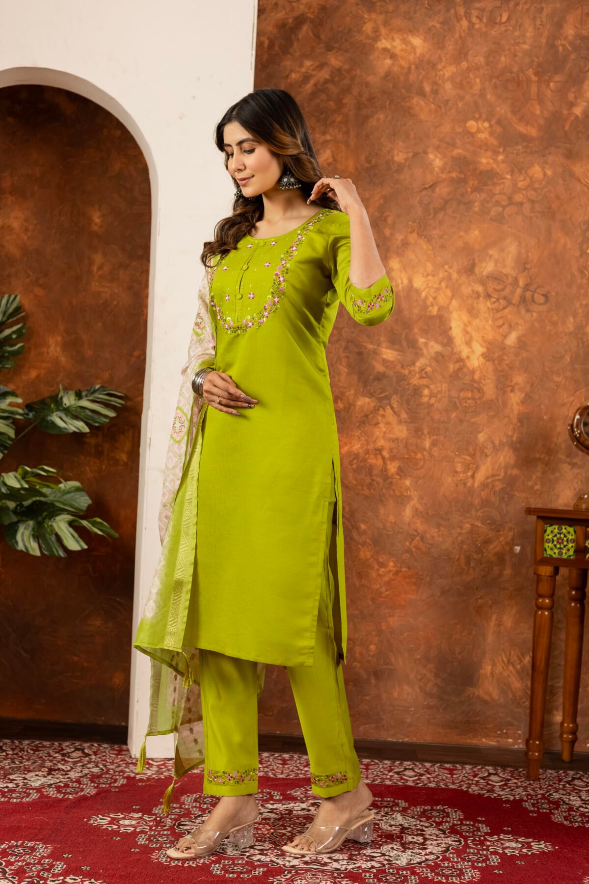 Parrot Green Straight Kurti Pant With Printed Dupatta Set - Image 6